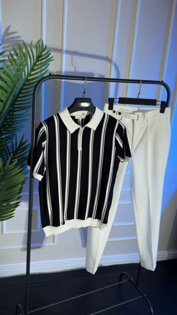 Summer New Fashion Men's Knitted Ice Silk Short Sleeve Turn-dwon Collar T-shirts Casual Trendy Half Zipper Striped T-shirts Tops(Combo)